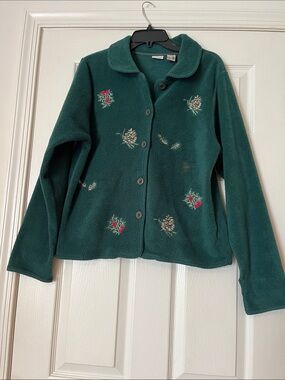 Northcrest Forest Green Embroidered Button-Up Fleece Cardigan